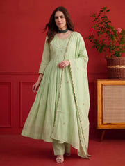 Women Ethnic Tiered Thread Work Chanderi Cotton Kurta with Trousers & With Dupatta