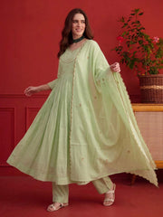 Women Ethnic Tiered Thread Work Chanderi Cotton Kurta with Trousers & With Dupatta