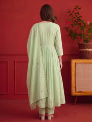 Women Ethnic Tiered Thread Work Chanderi Cotton Kurta with Trousers & With Dupatta