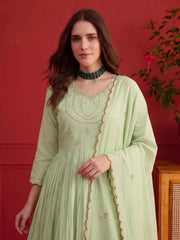 Women Ethnic Tiered Thread Work Chanderi Cotton Kurta with Trousers & With Dupatta