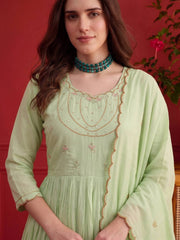 Women Ethnic Tiered Thread Work Chanderi Cotton Kurta with Trousers & With Dupatta
