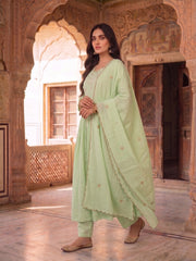 Women Floral Yoke Design Pleated Thread Work Chanderi Cotton Kurta with Trousers & With Dupatta