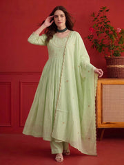 Women Ethnic Tiered Thread Work Chanderi Cotton Kurta with Trousers & With Dupatta