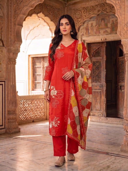 Women Floral Printed Regular Beads and Stones Pure Silk Kurta with Trousers & With Dupatta