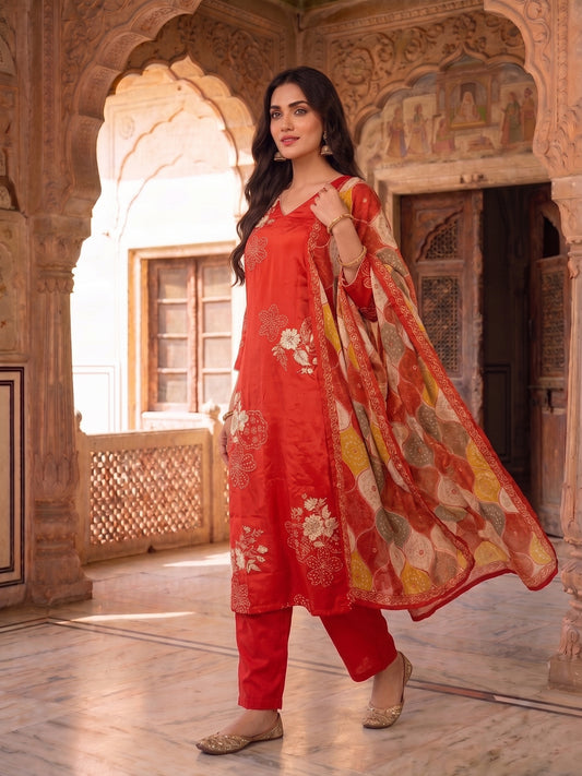 Women Floral Printed Regular Beads and Stones Pure Silk Kurta with Trousers & With Dupatta