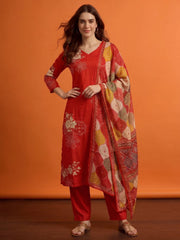 Women Ethnic Motifs Embroidered Work Pure Silk Kurta with Trousers & Dupatta