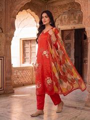 Women Floral Printed Regular Beads and Stones Pure Silk Kurta with Trousers & With Dupatta