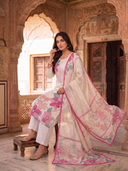 Women Floral Printed Regular Beads and Stones Pure Silk Kurta with Trousers & With Dupatta