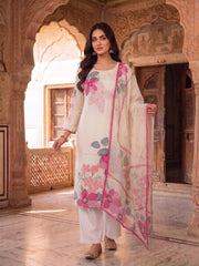 Women Floral Printed Regular Beads and Stones Pure Silk Kurta with Trousers & With Dupatta