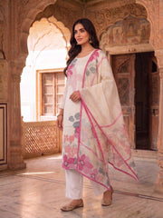 Women Floral Printed Regular Beads and Stones Pure Silk Kurta with Trousers & With Dupatta