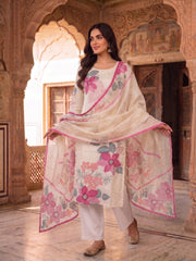 Women Floral Printed Regular Beads and Stones Pure Silk Kurta with Trousers & With Dupatta
