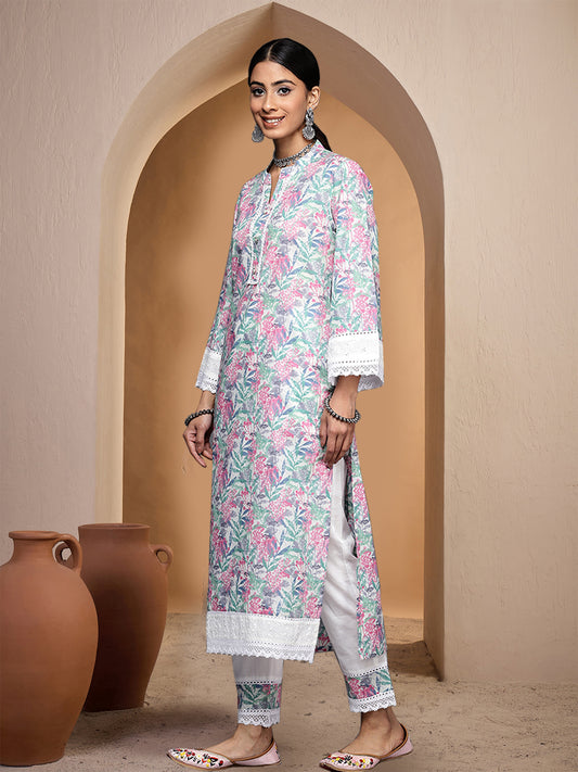 Women Floral Printed Regular Thread Work Pure Cotton Kurta with Trousers