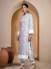 Women Floral Printed Regular Thread Work Pure Cotton Kurta with Trousers
