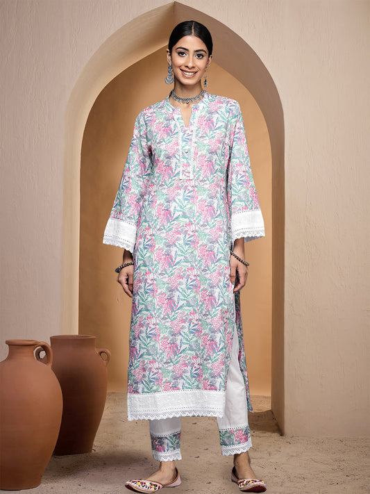 Women Floral Printed Regular Thread Work Pure Cotton Kurta with Trousers