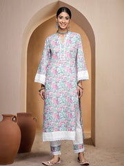 Women Floral Printed Regular Thread Work Pure Cotton Kurta with Trousers
