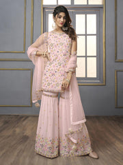 V-Neck Floral Embroidered Sequinned Detailed Kurta & Sharara With Dupatta