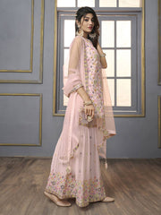 V-Neck Floral Embroidered Sequinned Detailed Kurta & Sharara With Dupatta