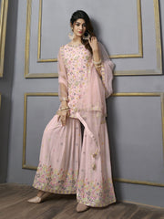 V-Neck Floral Embroidered Sequinned Detailed Kurta & Sharara With Dupatta