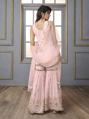 V-Neck Floral Embroidered Sequinned Detailed Kurta & Sharara With Dupatta