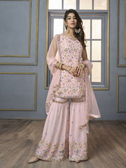 V-Neck Floral Embroidered Sequinned Detailed Kurta & Sharara With Dupatta