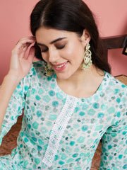 Women Printed Regular Thread Work Linen Kurta with Trousers