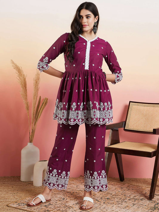 Embroidered V-Neck Tunic With Trousers Co-Ords