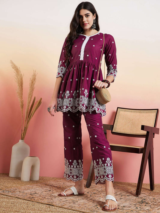 Embroidered V-Neck Tunic With Trousers Co-Ords
