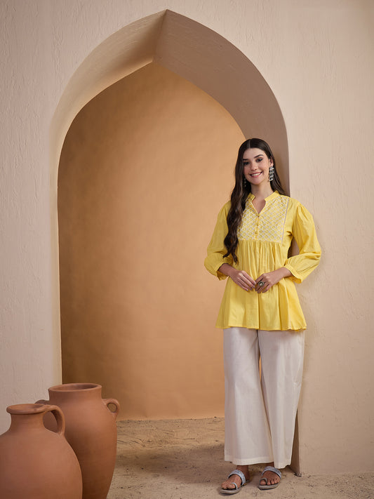 Ethnic Motifs Embroidered Thread Work Thread Work Pleated Kurti