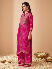 Women Ethnic Motifs Printed Regular Thread Work Silk Crepe Kurta with Palazzos & With Dupatta