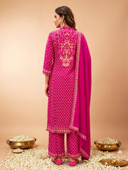 Women Ethnic Motifs Printed Regular Thread Work Silk Crepe Kurta with Palazzos & With Dupatta