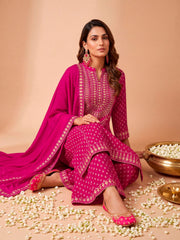 Women Ethnic Printed Mirror Embroidered Pure Crepe Kurta & Palazzo with Dupatta