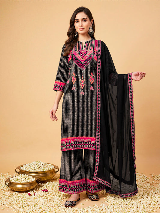 Women Ethnic Motifs Printed Regular Thread Work Silk Crepe Kurta with Palazzos & With Dupatta