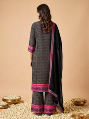 Women Ethnic Motifs Printed Regular Thread Work Silk Crepe Kurta with Palazzos & With Dupatta