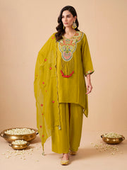Women Ethnic Motifs Embroidered Regular Thread Work Silk Crepe Kurta with Palazzos & With Dupatta