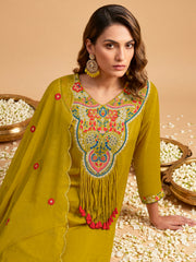 Women Ethnic Motifs Embroidered Regular Thread Work Silk Crepe Kurta with Palazzos & With Dupatta