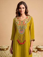 Women Ethnic Motifs Embroidered Regular Thread Work Silk Crepe Kurta with Palazzos & With Dupatta