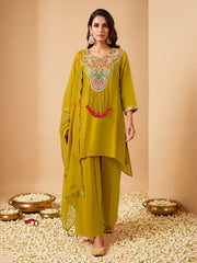 Women Ethnic Motifs Embroidered Regular Thread Work Silk Crepe Kurta with Palazzos & With Dupatta