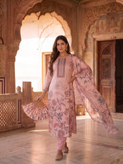 Women Floral Printed Regular Thread Work Silk Crepe Kurta with Trousers & With Dupatta