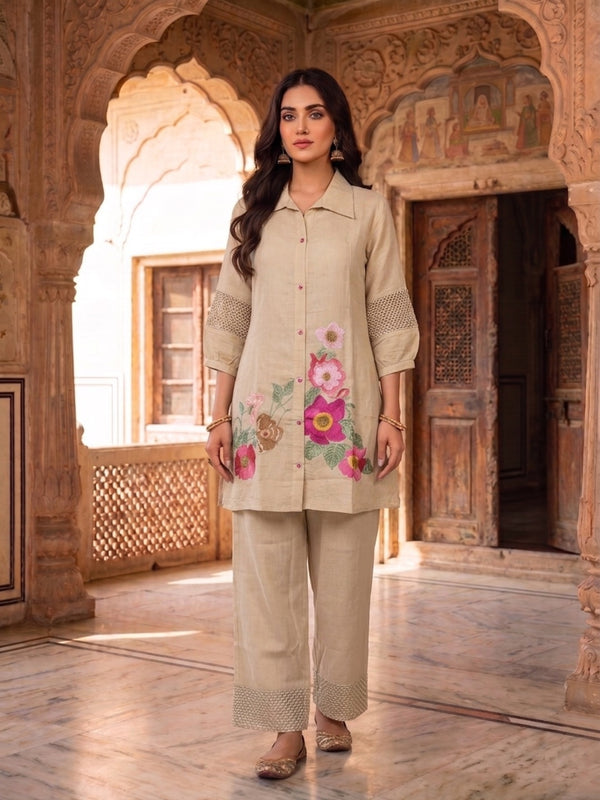Floral Chanderi Embroidered Tunic with Trousers