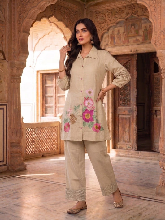 Floral Chanderi Embroidered Tunic with Trousers