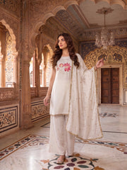 Women Floral Embroidered Regular Thread Work Kurta with Palazzos & With Dupatta