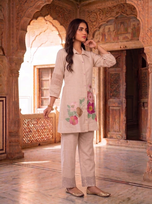 Floral Chanderi Embroidered Tunic with Trousers