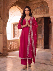 Ethnic Motifs Printed Thread Work Kurta with Trousers & With Dupatta