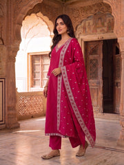 Ethnic Motifs Printed Thread Work Kurta with Trousers & With Dupatta