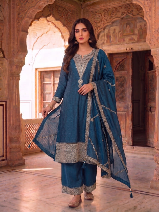 Women Ethnic Motifs Embroidered Regular Thread Work Kurta with Palazzos & With Dupatta