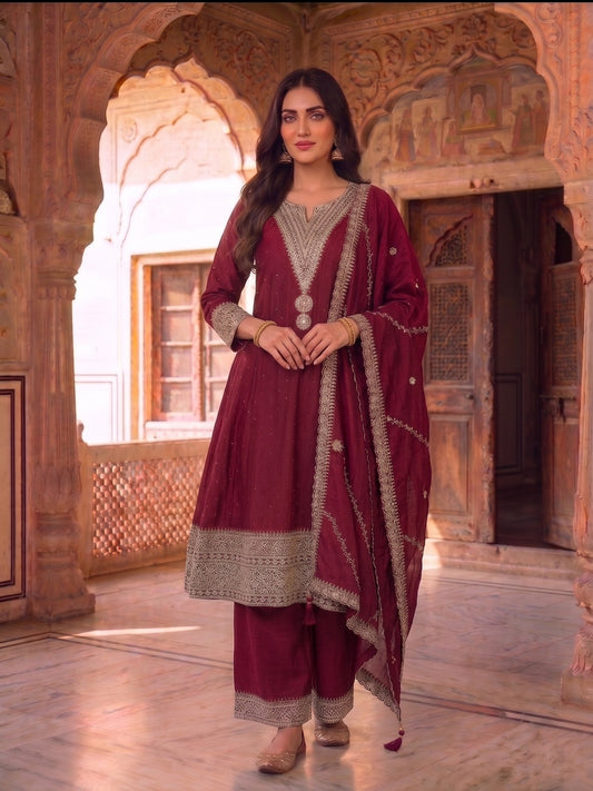 Women Ethnic Motifs Embroidered Panelled Kurta with Palazzos & With Dupatta