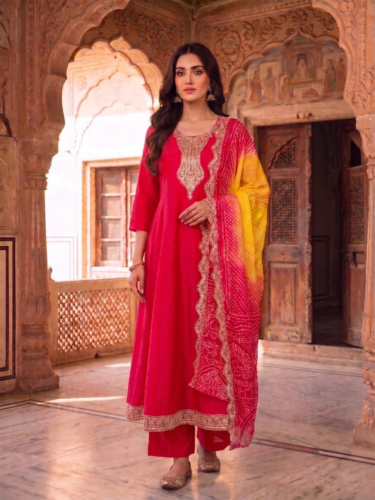 Women Ethnic Motifs Embroidered Regular Kurta with Trousers & With Dupatta