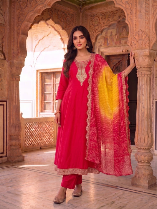 Women Ethnic Motifs Embroidered Regular Kurta with Trousers & With Dupatta