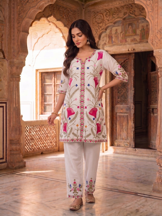 Floral Embroidered Tunic with Trousers