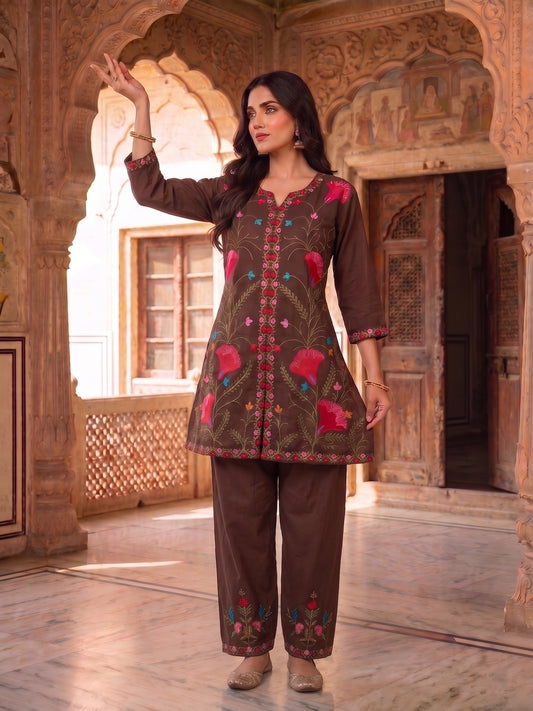 Floral Embroidered Tunic with Trousers